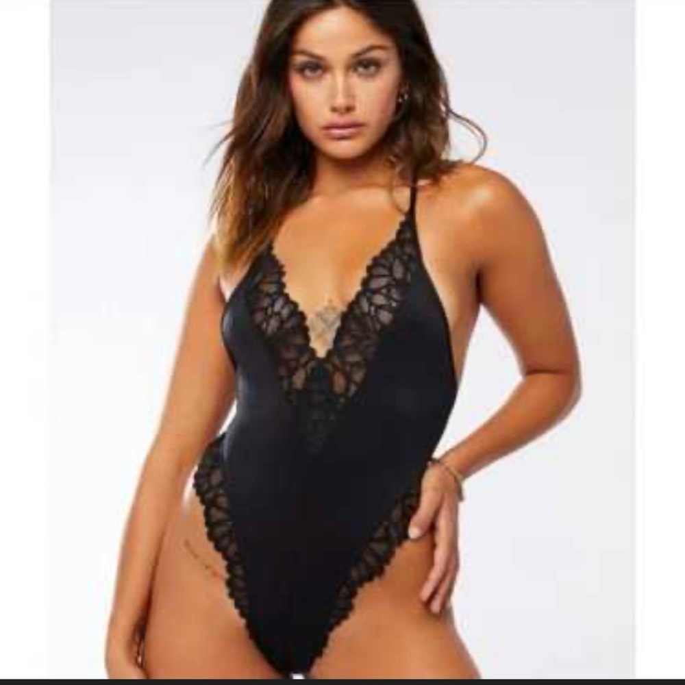 Black Lace Plunge Bodysuit - NWT